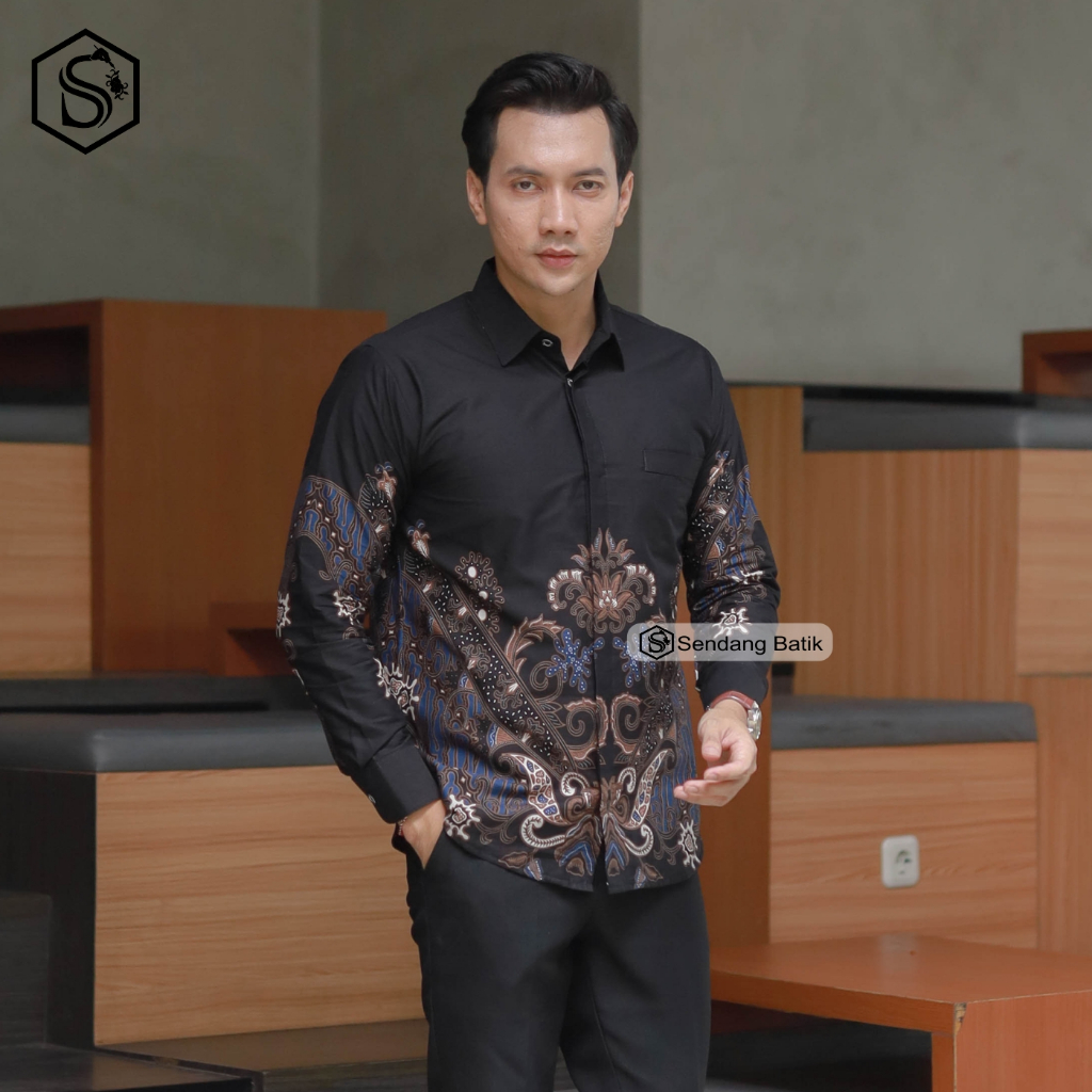 SENDANG BATIK Kemeja Batik Pria Slimfit Lapis Furing Erro Motif Kuncoro Biru Lengan Panjang Bahan Ka