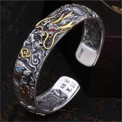 Gelang Ukir Naga & Harimau / Gelang Bangle Pria Motif Macan dan Burung Vermilion / Dragon Tiger Carv