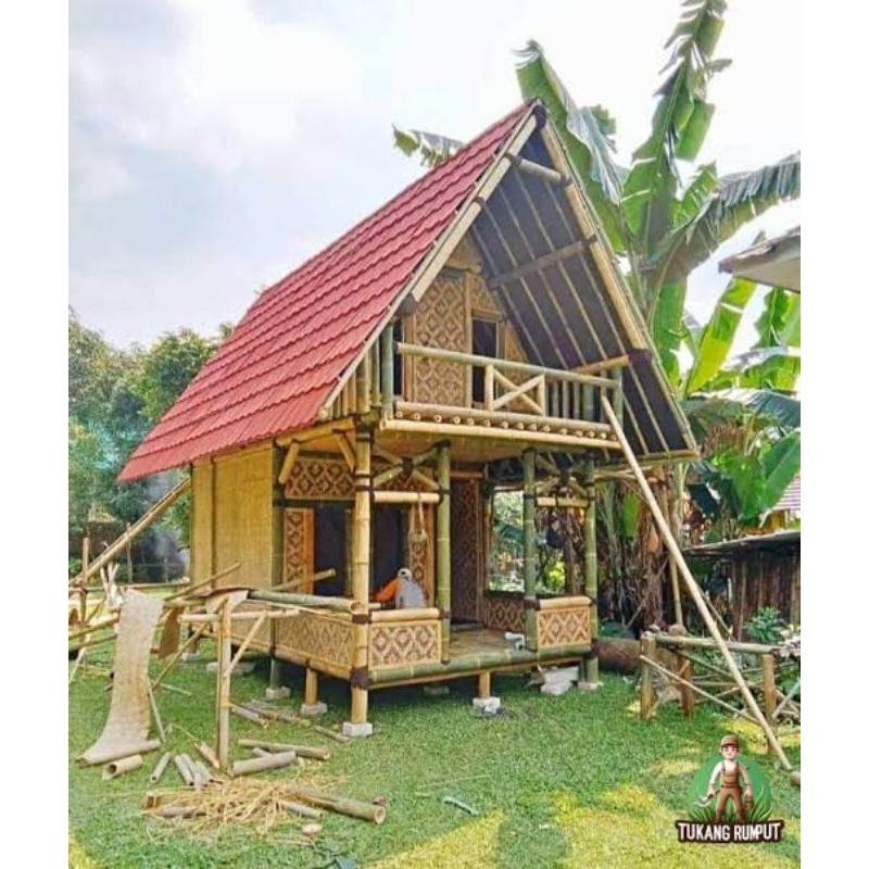 rumah bambu atap segitiga genteng metal pasir/ rumah bambu minimalis| rumah bambu siap pasang