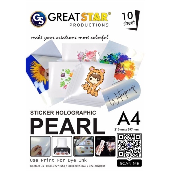 

STICKER PEARL/MUTIARA HOLOGRAFIC WATER PROFF A4/10 LEMBAR