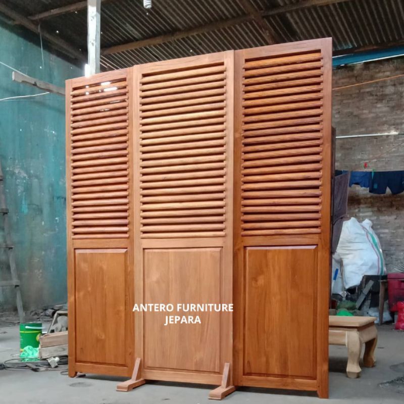 pembatas ruangan sketsel lipat kayu jati penyekat ruang