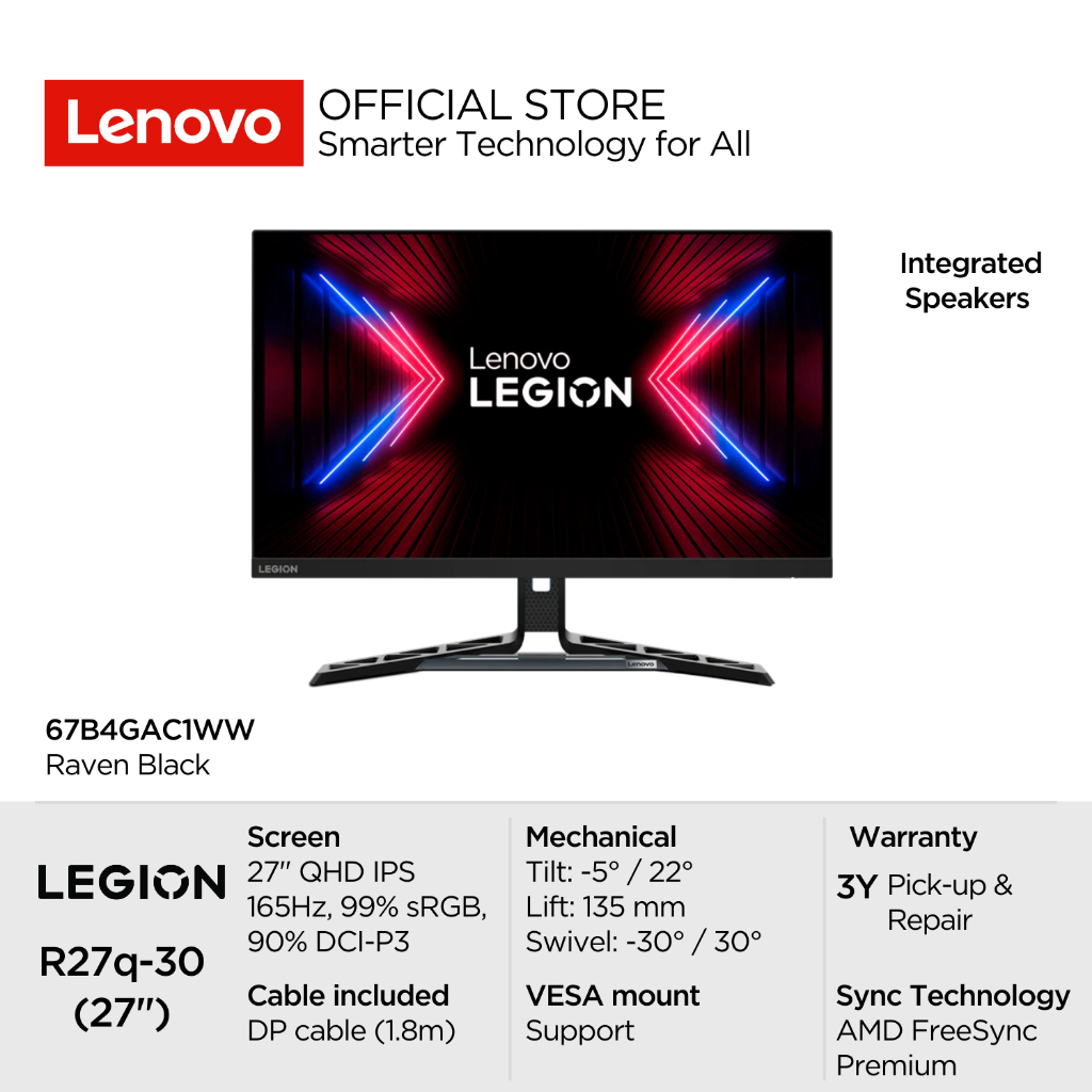 Lenovo Gaming Monitor Legion R27q-30 27" QHD IPS AMD FreeSync Premium 165Hz Overclock 180Hz 99% sRGB