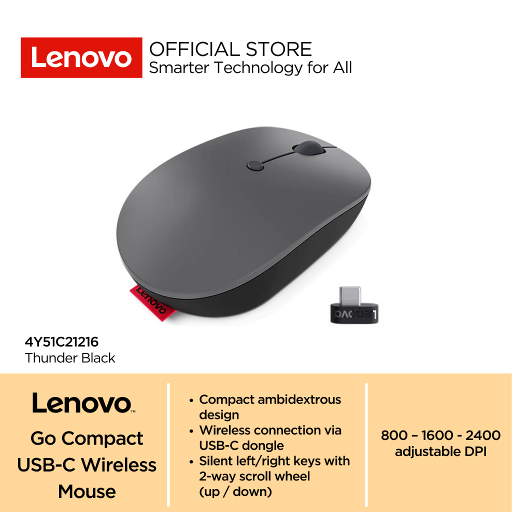 Lenovo Go USB-C Wireless Mouse Compact Design Support Unified Pairing Receiver 4Y51C21216 Thunder Bl
