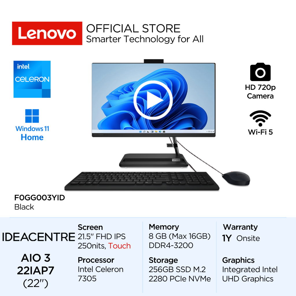 Lenovo PC IdeaCentre AIO 3i 22IAP7 3YID Intel Celeron 7305 Win11 Home 8GB 256GB SSD 21.5" FHD IPS 25