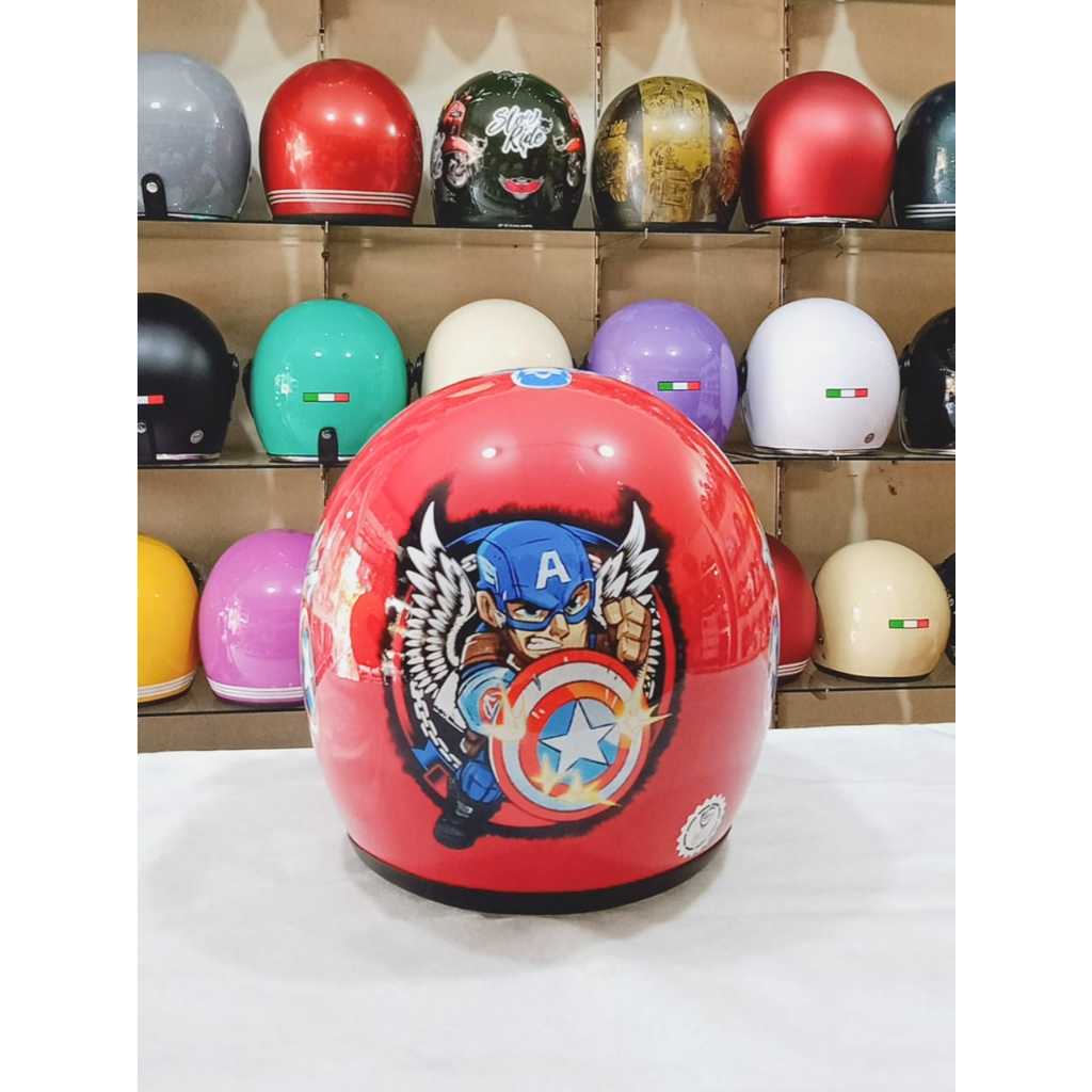 Aizo Helm Bogo Anak Karakter Captain America Merah Glossy Standar Keamanan SNI COD Pack KardusBubble