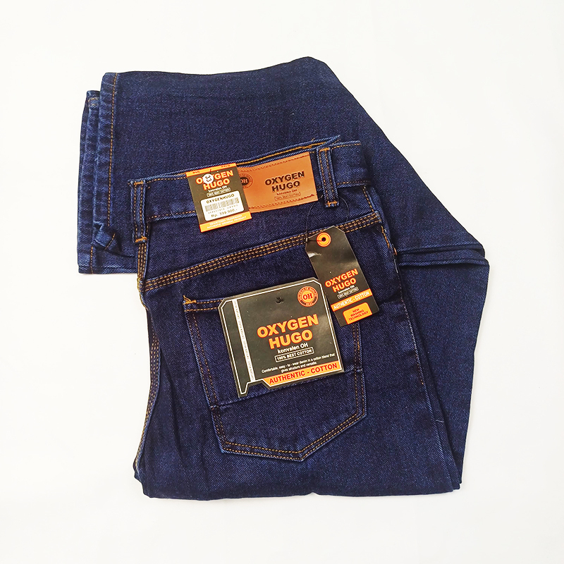 Celana Jeans Oxygen Hugo Panjang Standar Pria Dewasa Distro Model Polos Regular Denim Warna Blue