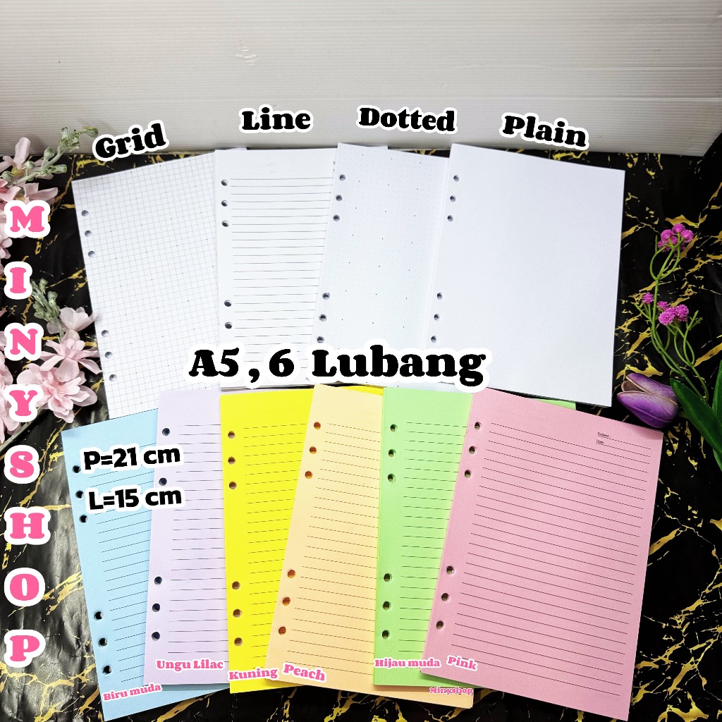 Isi Kertas Binder File Loose Leaf A5 6 Ring Isi Ulang Kertas Binder A5 6 Ring Garis Grid Plain Dotte