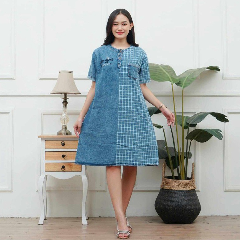 KODE R96G Dress Kancing Depan  Dress Jeans Wanita  Dress Sablon Bordir  Dress Denim  Dress Panjang  