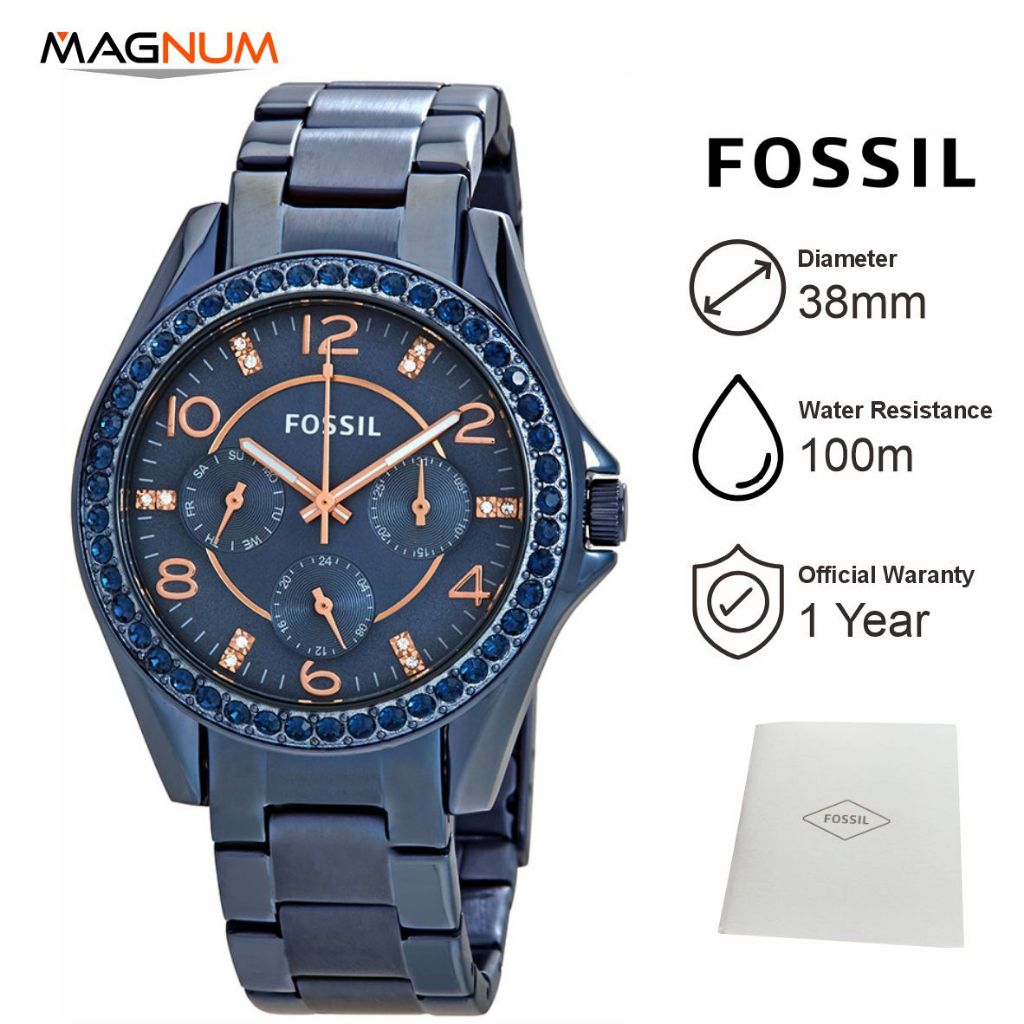 Jam Tangan Wanita Fos sil ES4294 Riley Multifunction Ladies Blue Navy Dial Blue Navy Stainless Steel