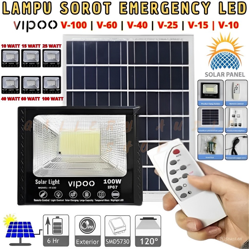 Lampu Sorot Solar Cell LED Tenaga Matahari Vipoo V-100 / V-60 / V-40 / V-25 / V-15 / V-10 | Lampu So