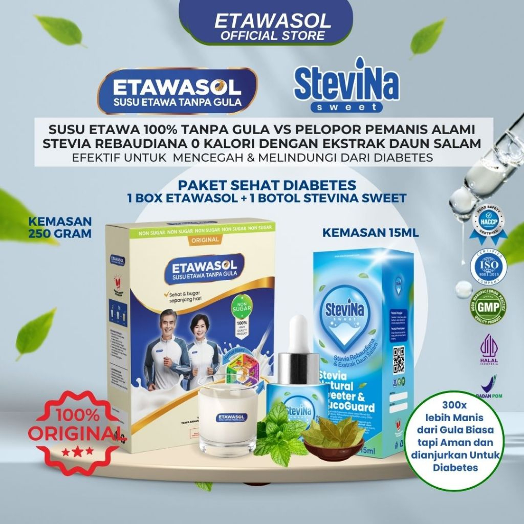 

Paket Sehat Diabetes 1 Box Etawasol&1 Botol Stevina Sweet Untuk Menurunkan Kolestrol 0Kalori