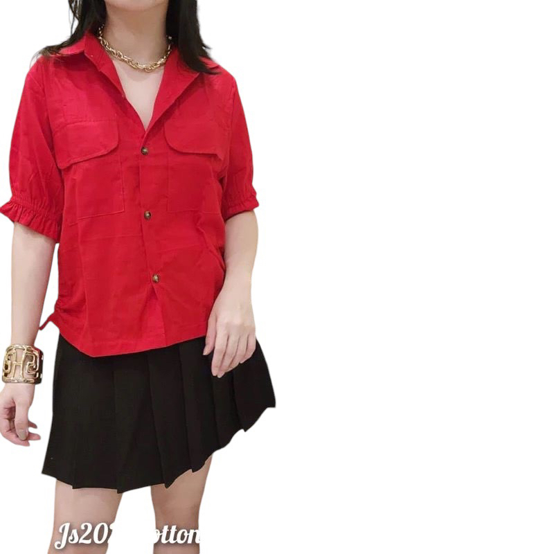 Chloebeautyshop - Baju Natal Kemeja Wanita Merah Putih Kerah Poplin Js2027