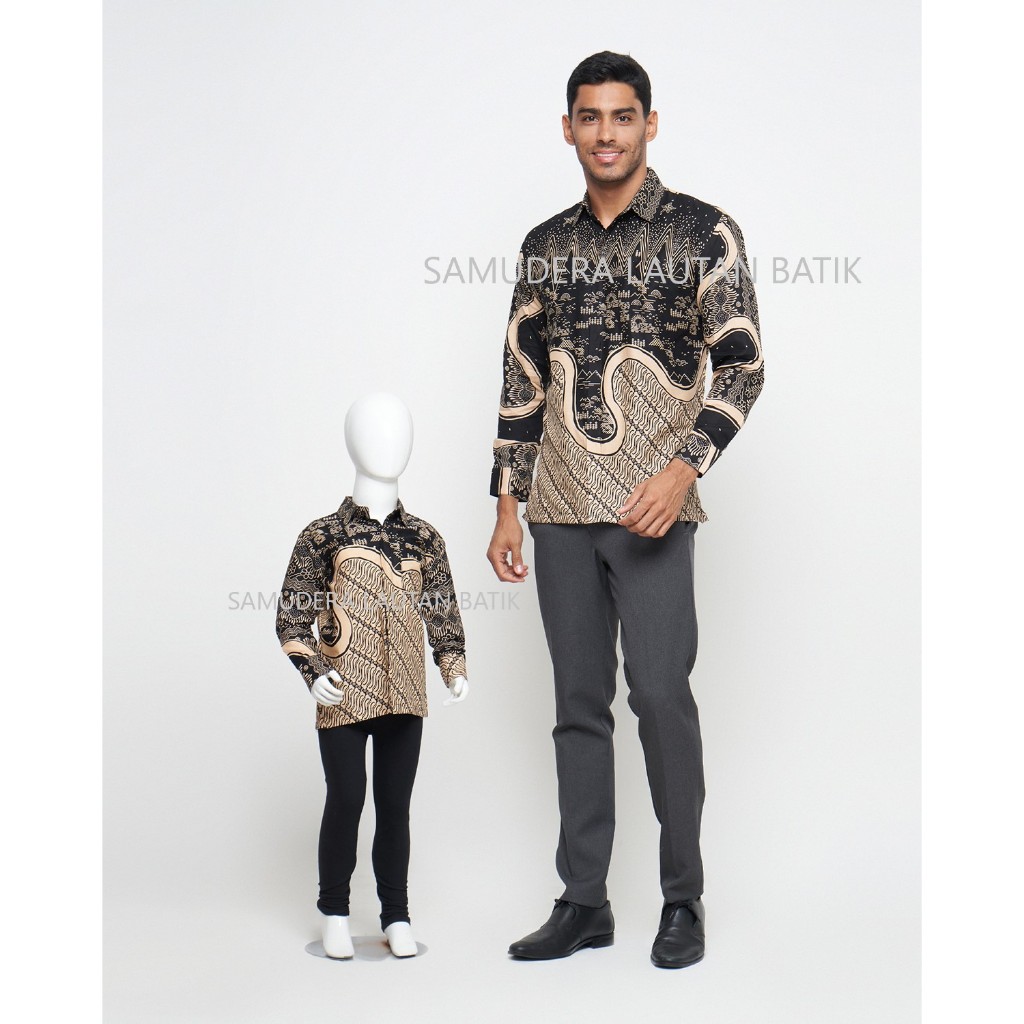 Kemeja Batik Couple Ayah Anak Warna Hitam Cream,Batik Warna Hitam Cream, Batik Anak laki laki Hitam,