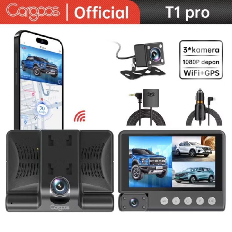 Cargoos T1 pro Dash camp mobil 3 camera 1080P FHD GPS wifi camera layar 4"