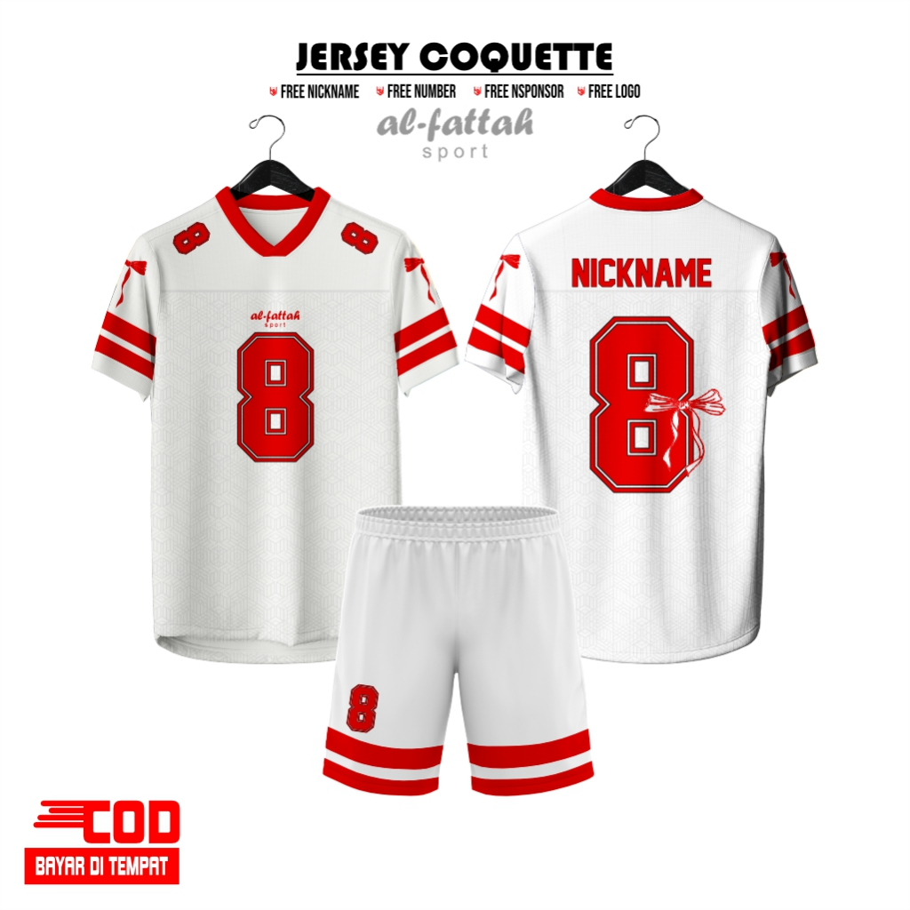 JERSEY COQUETTE RIBBON KOREAN GIRL PUTIH MERAH PREMIUM / JERSEY FUTSAL / VOLY / TENNIS CUSTOM NAMA