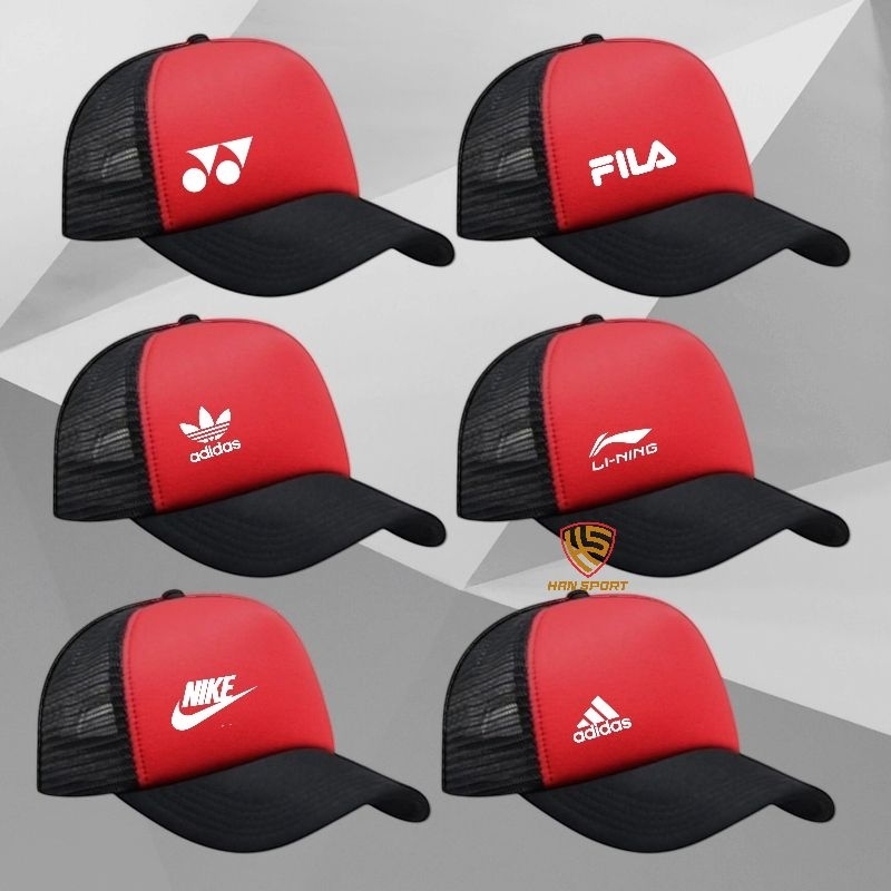 Topi Olahraga Jaring Trucker Kombinasi Merah Hitam Murah Sport Pria Wanita