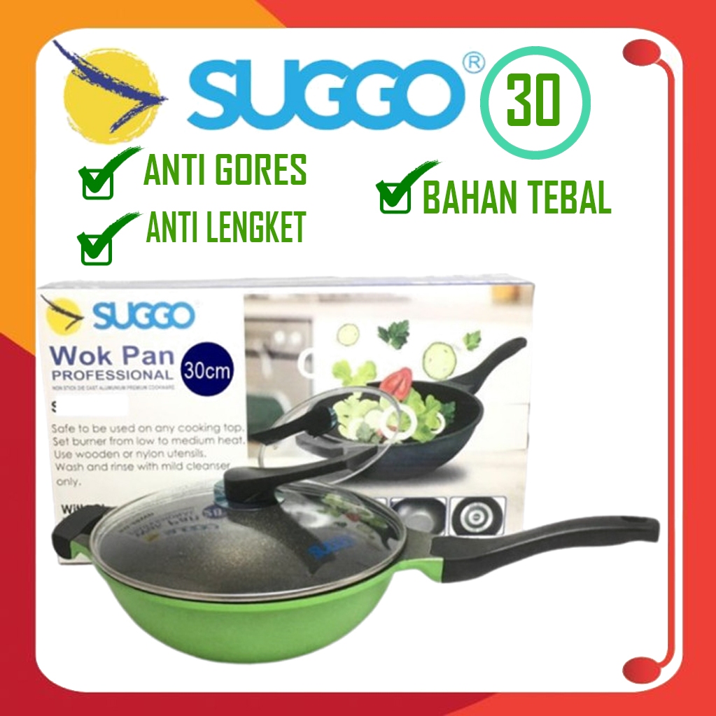 Panci SUGGO Wok Pan 30 Cm + Tutup Kaca & Anti Lengket