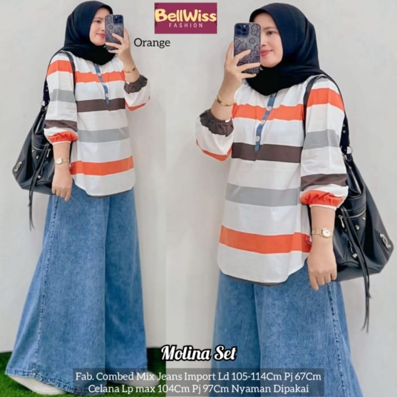 MOLINA SET SETELAN JEANS WANITA CASUAL ONE SET BLOUSE COMBED CELANA JEANS KULOT