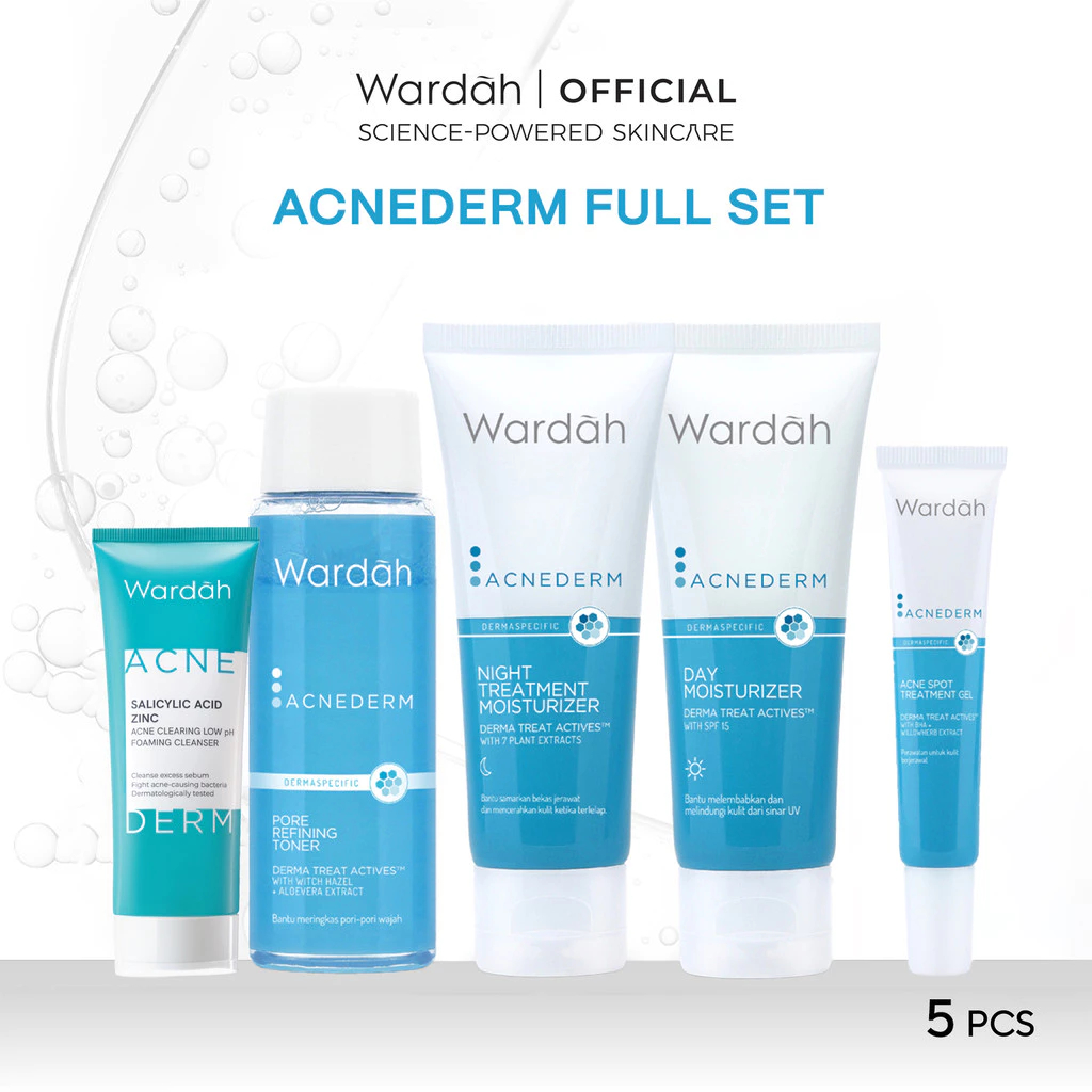 Wardah Acnederm 1 Paket Acne Spot Gel, Night Moisturizer, Toner, Day Moisturizer, Foaming Cleanser