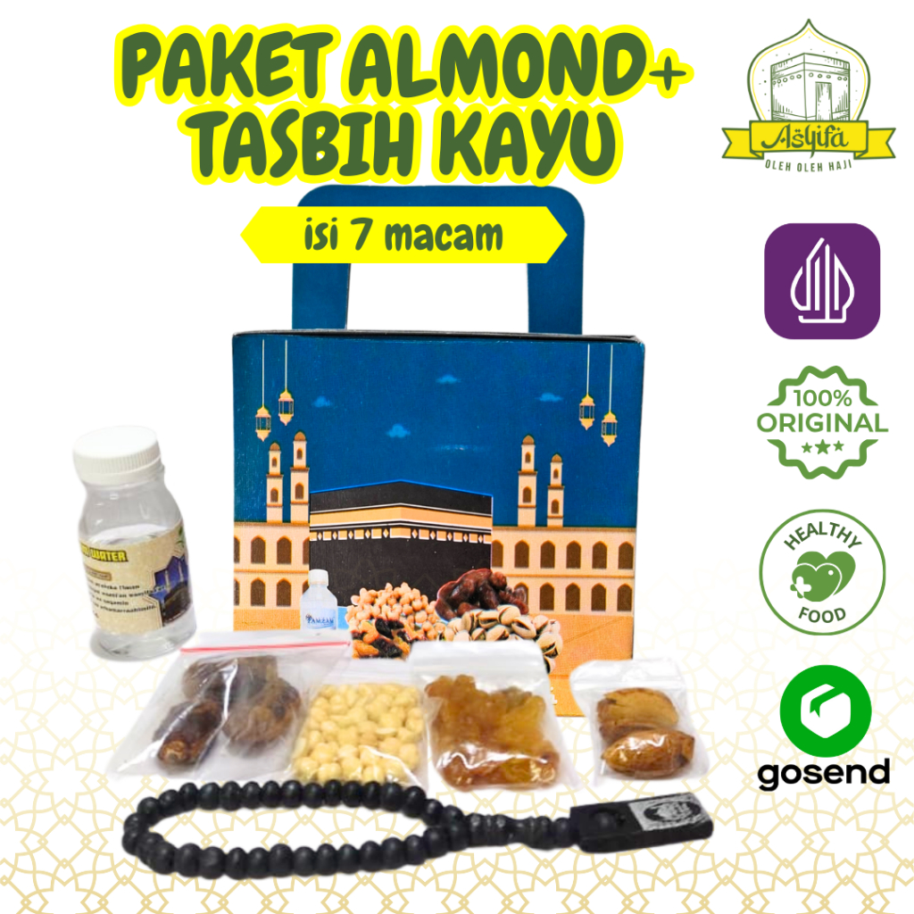 

Hampers Oleh Oleh Haji dan Umroh Dus Kubus Premium Kacang Almond + Tasbih Kayu 33 Butir