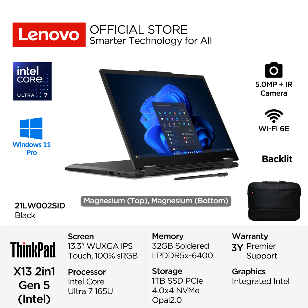Lenovo 2in1 ThinkPad X13 2in1 Gen 5 2SID Intel Core Ultra 7 165U vPro Win11 Pro 32GB 1TB SSD 13.3" W