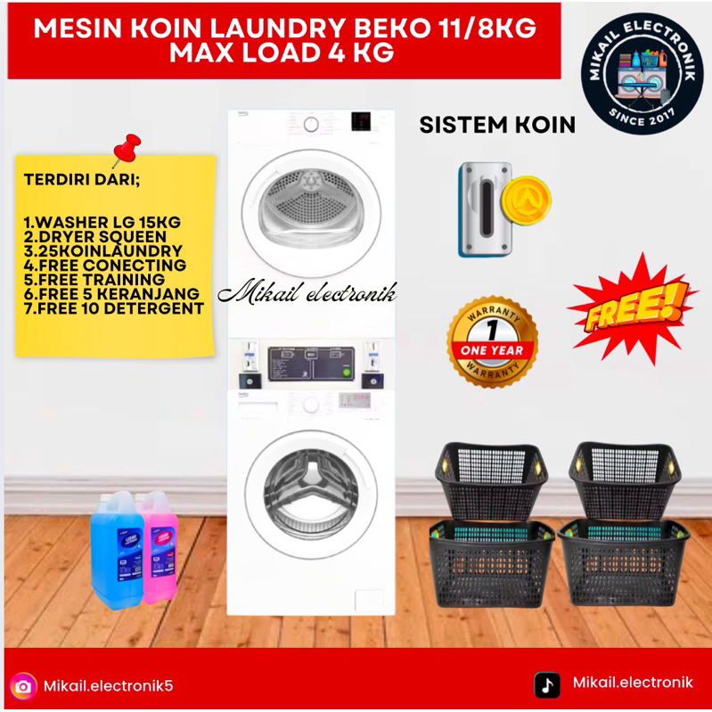 MESIN LAUNDRY SELF SERVICE BEKO KOIN MESIN STACK CUCI 11 KG DRYER GAS 8KG