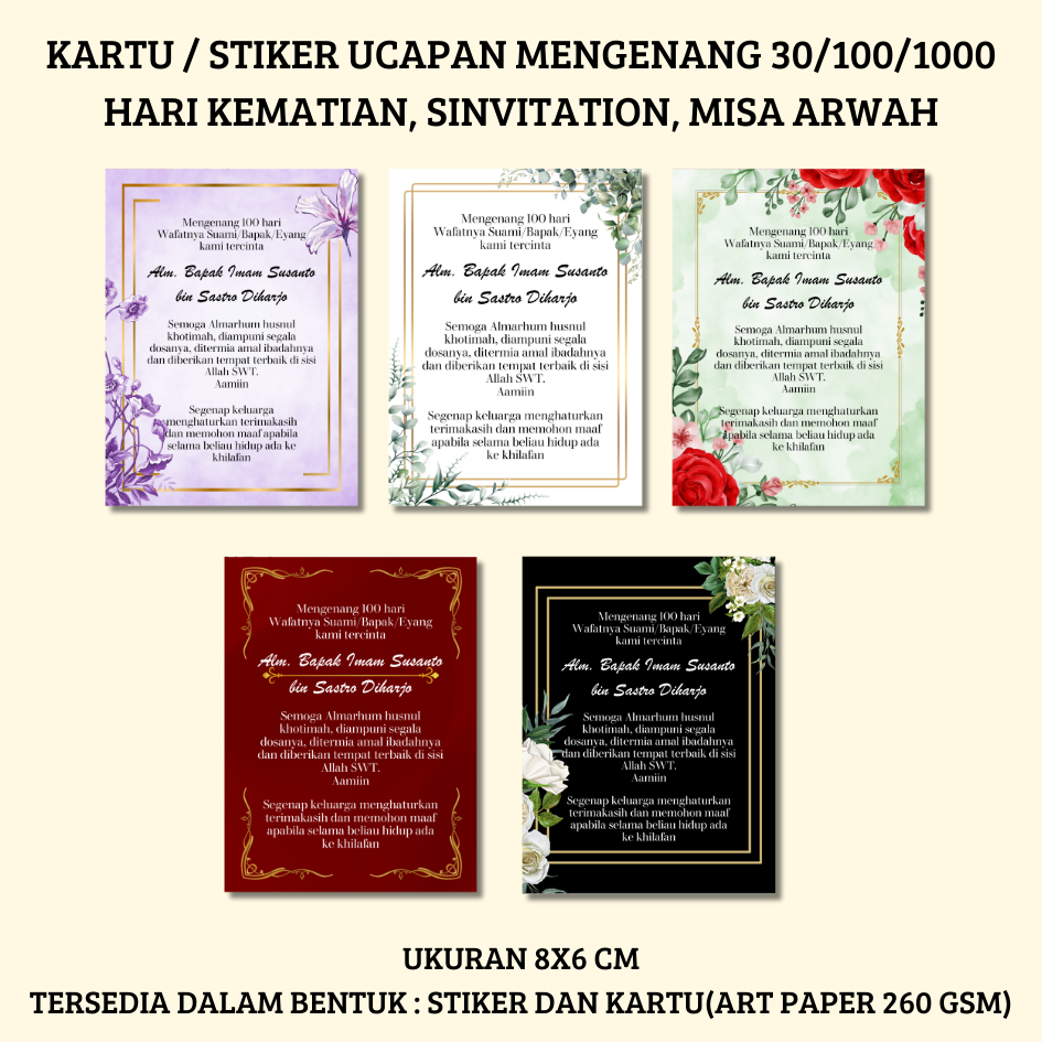 Stiker/Kartu Mengenang Wafatnya 40/100/1000 Hari-Tahlil-Sinvitation-Misa Arwah nasi box/souvenir