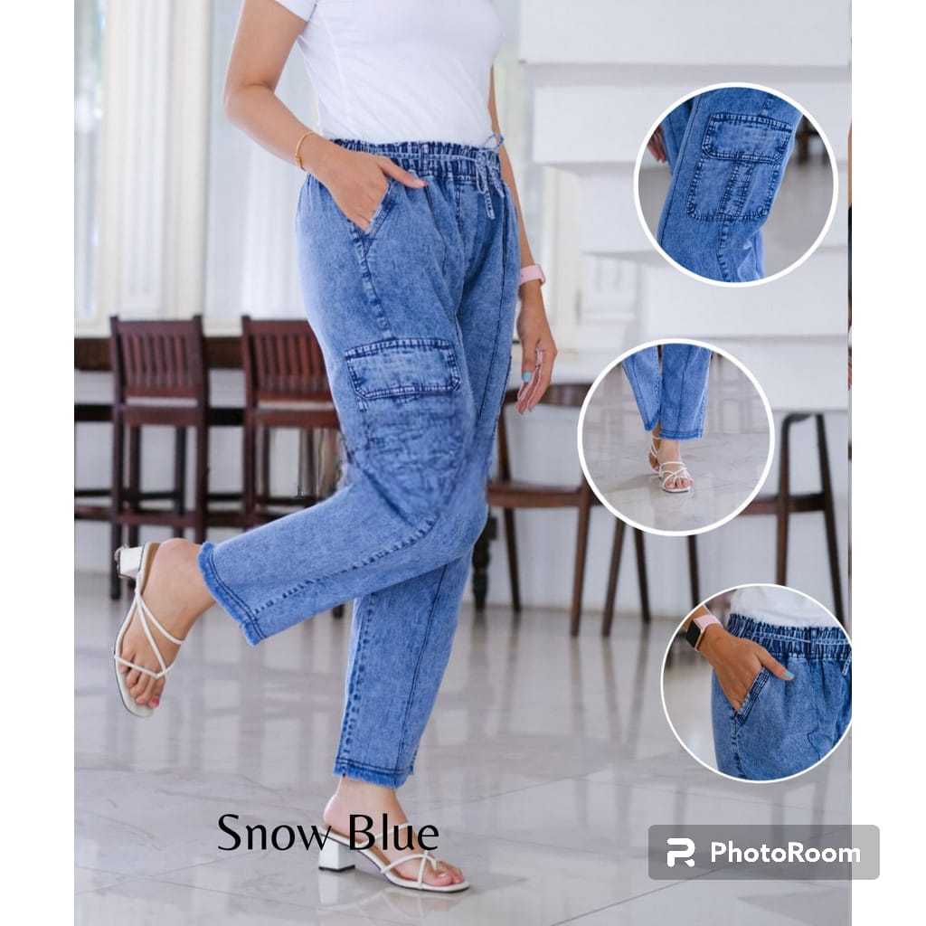 celana baggy pants jeans cargo snow biru rawis standar dan jumbo