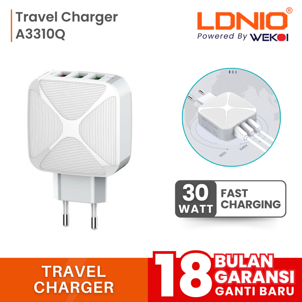 LDNIO A3310Q Adaptor Kepala Charger 30W 3 USB QC 3.0 Fast Charger Original
