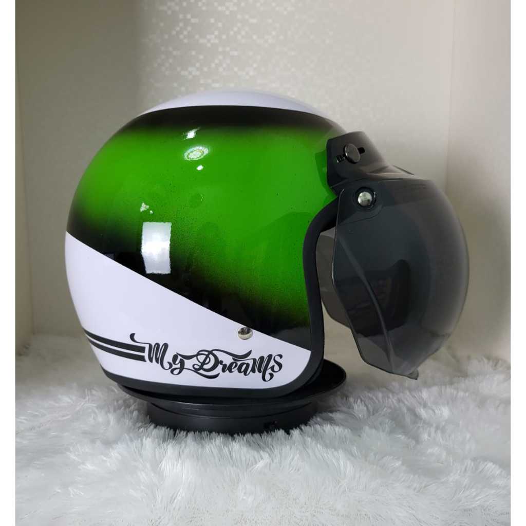 HELM BOGO RETRO GRADASI KOMBINASI PUTIH HIJAU GLOSSY