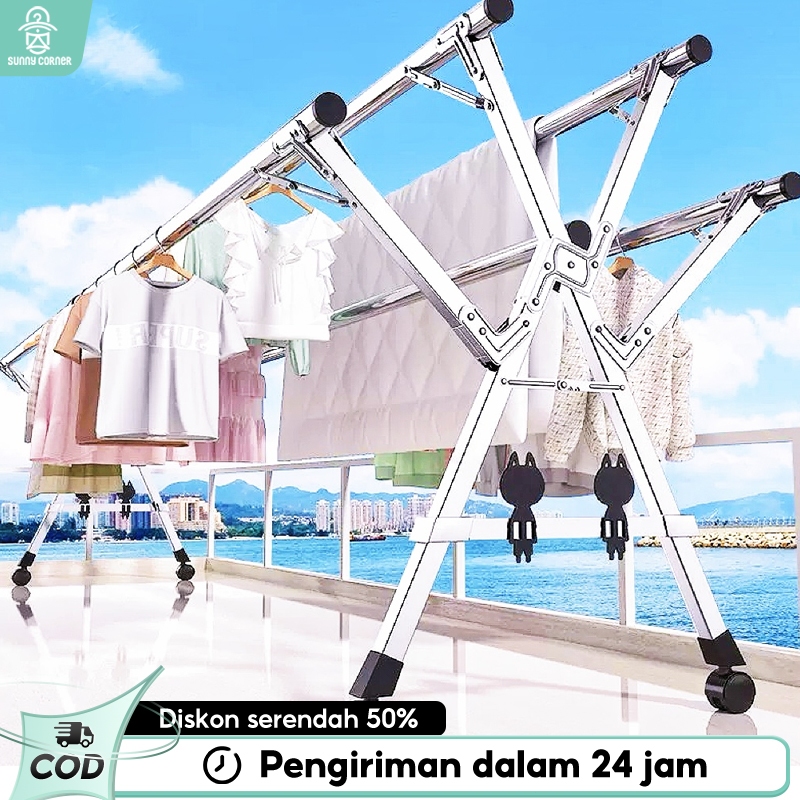 Jemuran Baju Lipat Dengan Roda Stainless Steel 5 Tiang Jemuran Pakaian Anti Karat Kuat kokoh 240cm