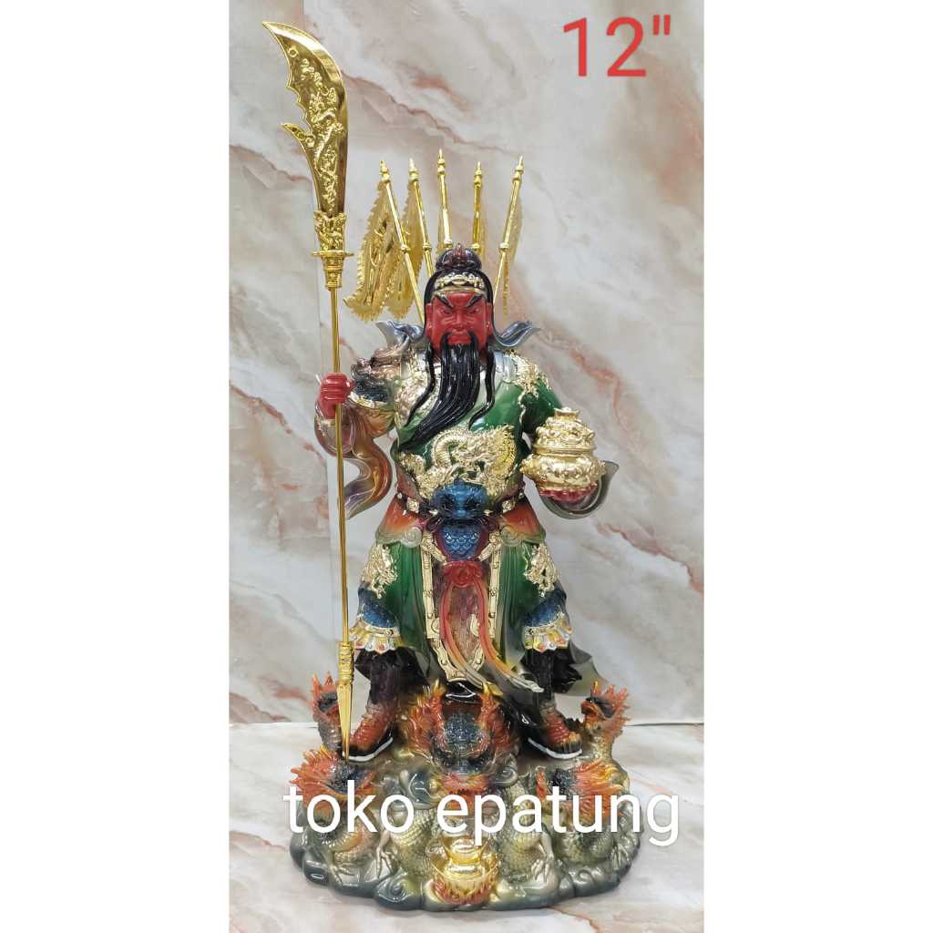 patung dewa kwan kung / kwan kong / kwan te - 12 inch - fiber- 5 bendera - naga - 24