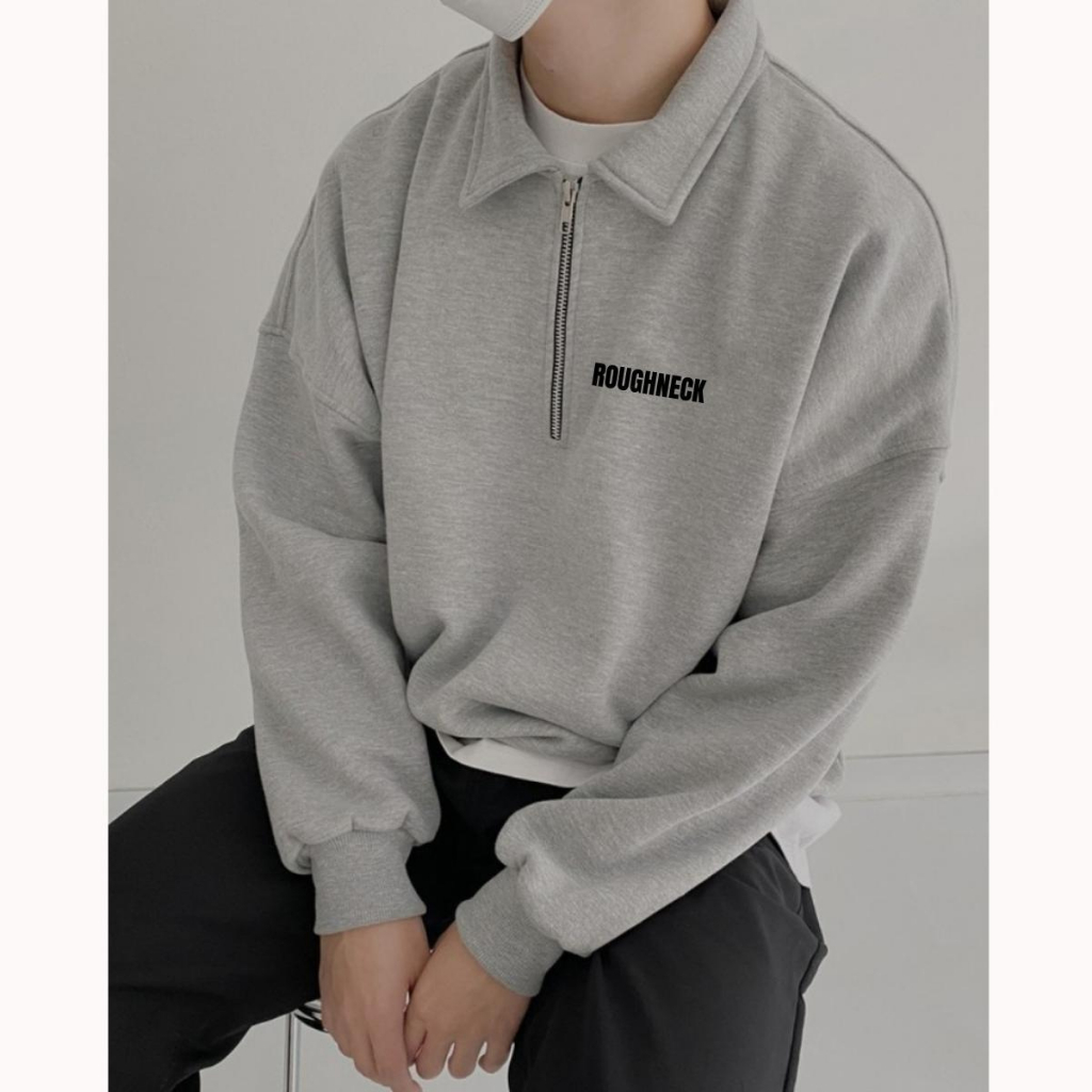 Roughneck Basic Sweatshirt Half Zipper / Sweater Half Zip Abu Logo Teks Unisex / Jaket Halfzip Distr