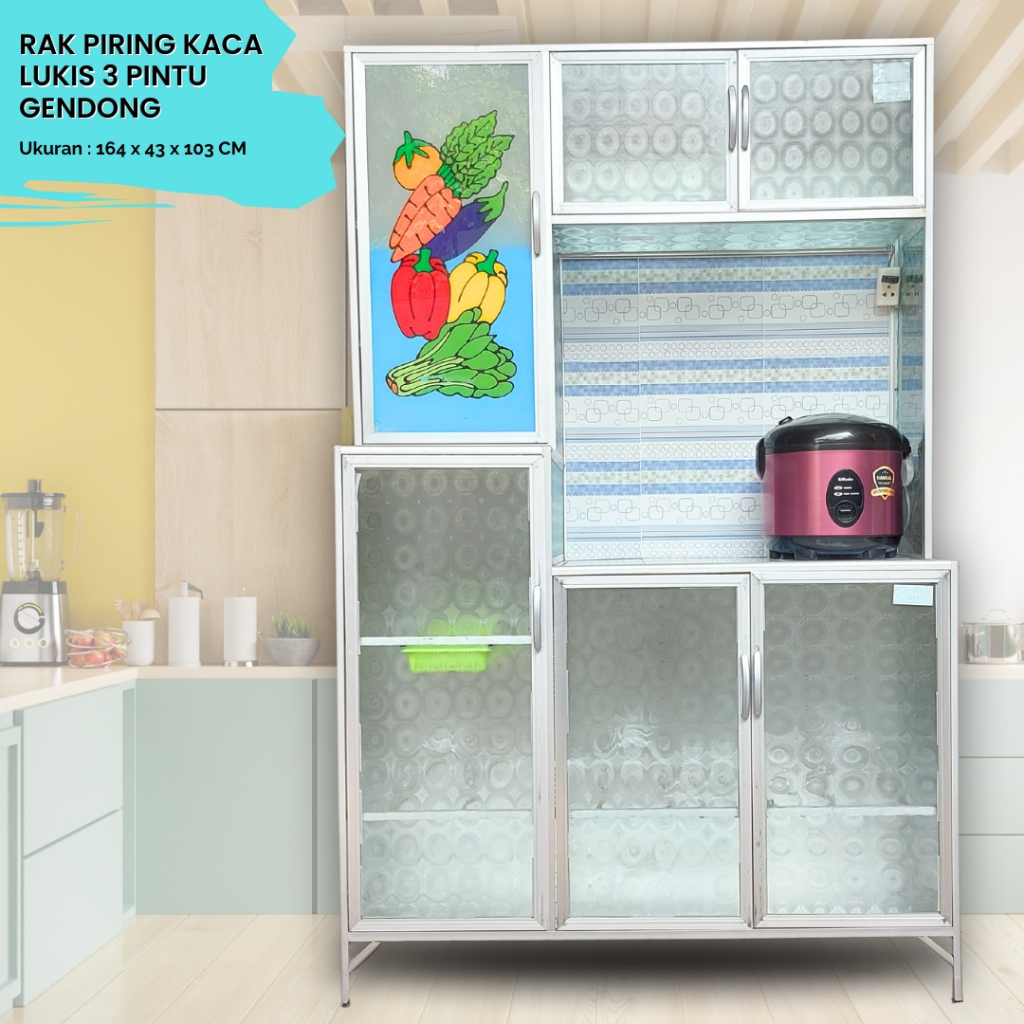Rak Piring Dapur 3 Pintu Kaca Lemari Piring Tempat Piring Makan Gelas Sendok