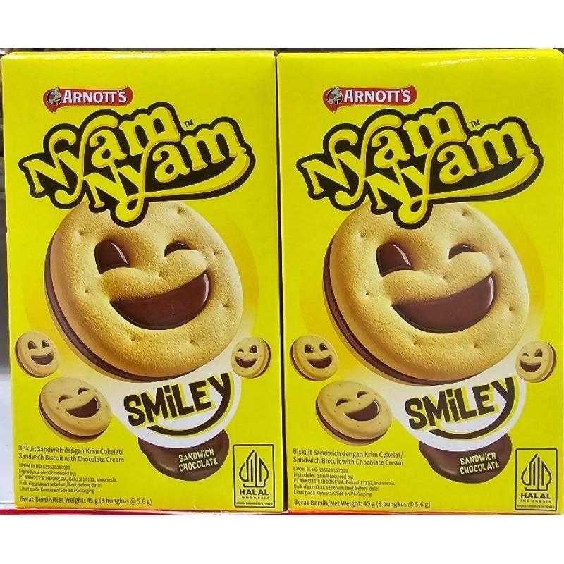 

Nyam Nyam Smiley 45g Box (isi 8pcs×5,6g) - Biskuit Sandwich Dengan Krim Coklat