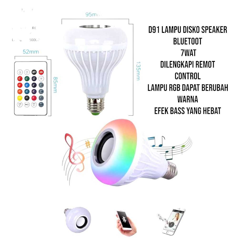 D91 ORI BOLAM LAMPU DISCO LED DISKO 7w SPEAKER BLUETOOTH MUSIK 2 IN 1 2IN1 SPEKER WIRELESS RGB E27 S