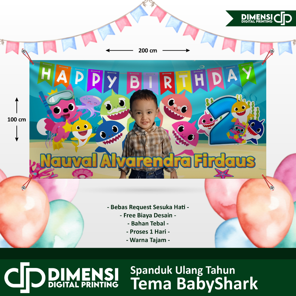 SPANDUK ULTAH / ULANG TAHUN TEMA BABY SHARK / BANNER SPANDUK ULANG TAHUN ANAK TEMA BABYSHARK