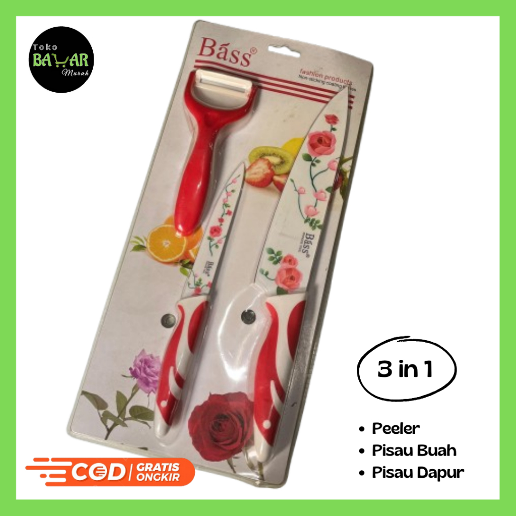 Pisau Set Bass 3 IN 1 / Pisau Set Keramik Motif Bunga / Pisau Set Keramik 3 IN 1 Anti Bacterial