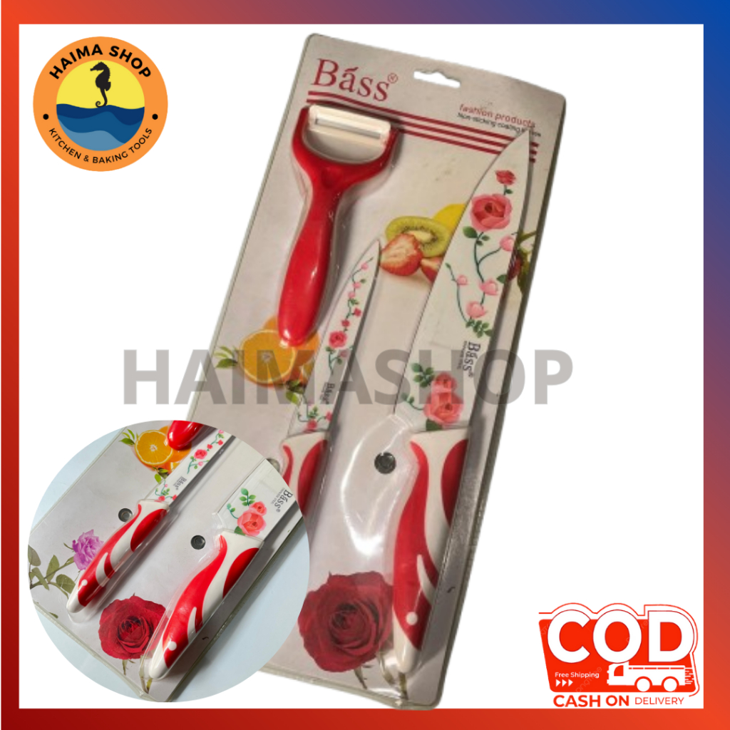 PISAU SET BASS 3 IN 1 / PISAU KERAMIK MOTIF BUNGA / PISAU DAPUR