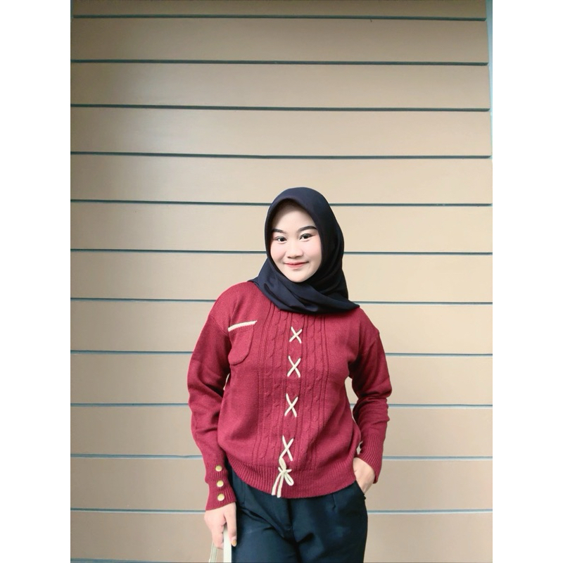 JAMEELA BAJU ATASAN SWEATER RAJUT MOTIF TALI DEPAN SAKU WANITA LENGAN KANCING KOREAN STAYLE