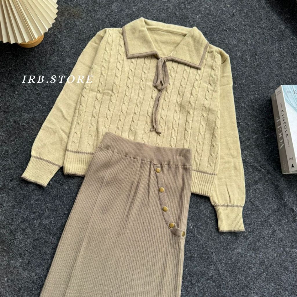 ONESET ROK VINA CABLE RAJUT ATASAN PITA ROK VARIASI KANCING WANITA