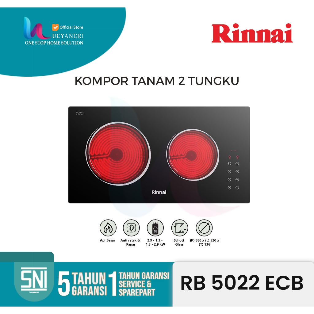 Rinnai RB-5022 ECB Kompor Tanam Listrik Induksi 2 Tungku – 3600W, Touch Control, Timer, Child Lock, 