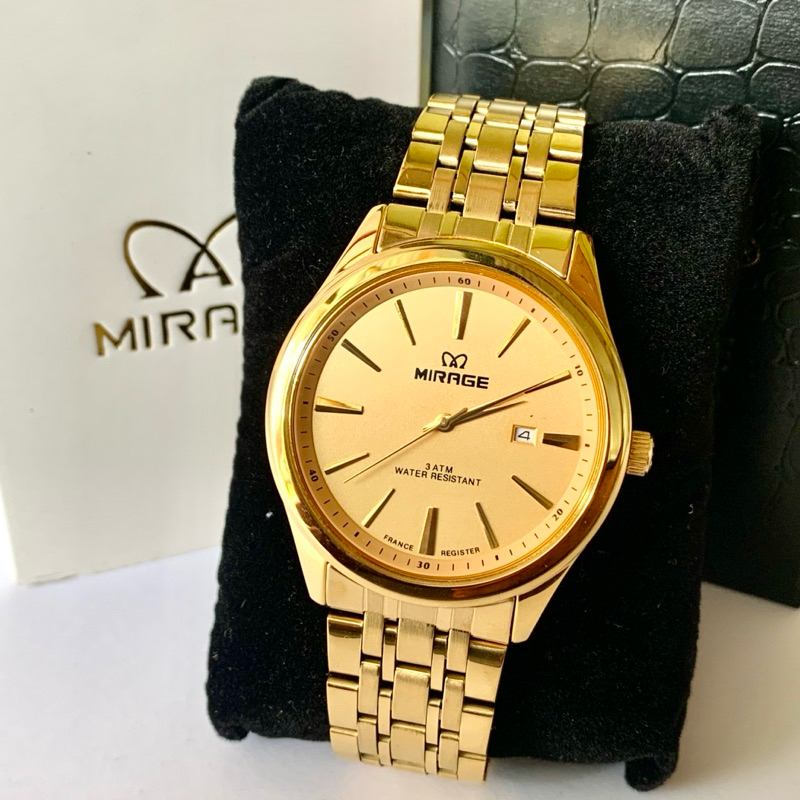 Jam Tangan Pria Mirage Original Warna Gold/Kuning Tanggal Aktif Stainless Steel Tahan Air Original M