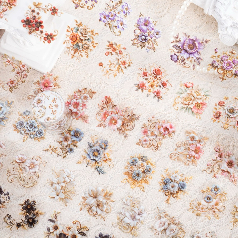 

(1FC) washi tape selotip transparan kiss cut bunga vintage gold flower pastel