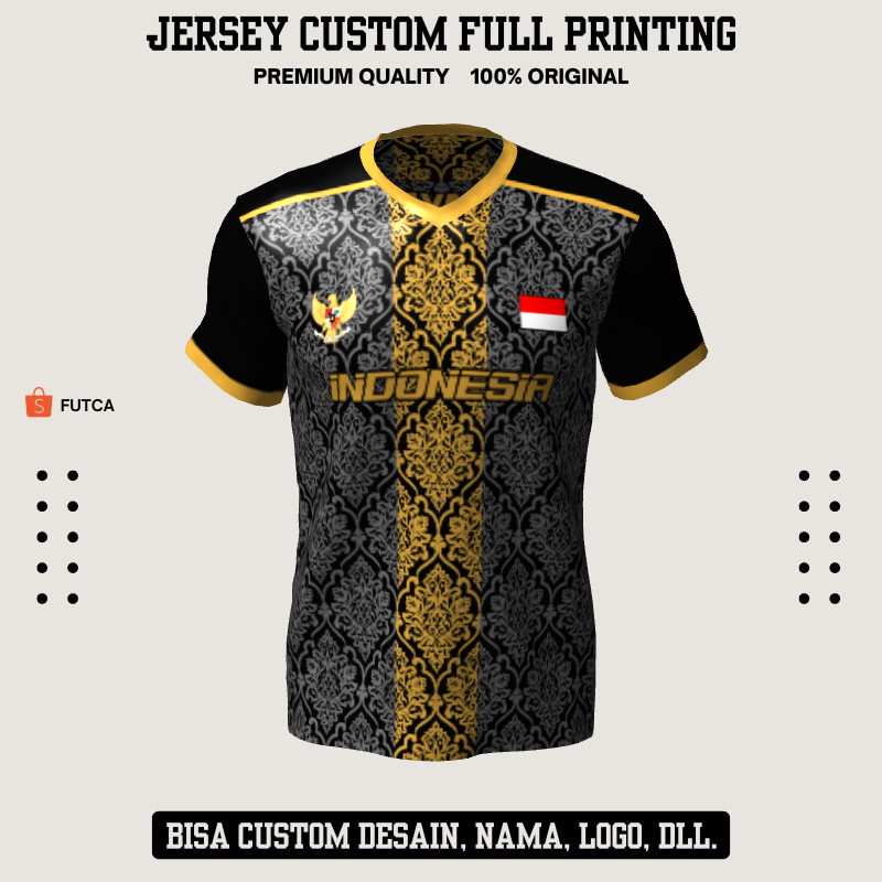 Kaos Jersey Futsal Hitam Abu Emas Motif Batik 194 - Jersey Custom Bisa Untuk Lari, Sepak Bola, Voli,