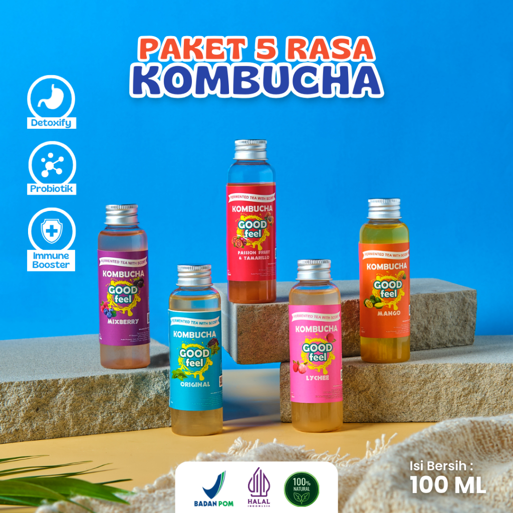 

Good Feel Paket 5 Botol Kombucha 100 ml Minuman Teh Sehat Probiotik Sari Buah Asli Fermentasi Scoby