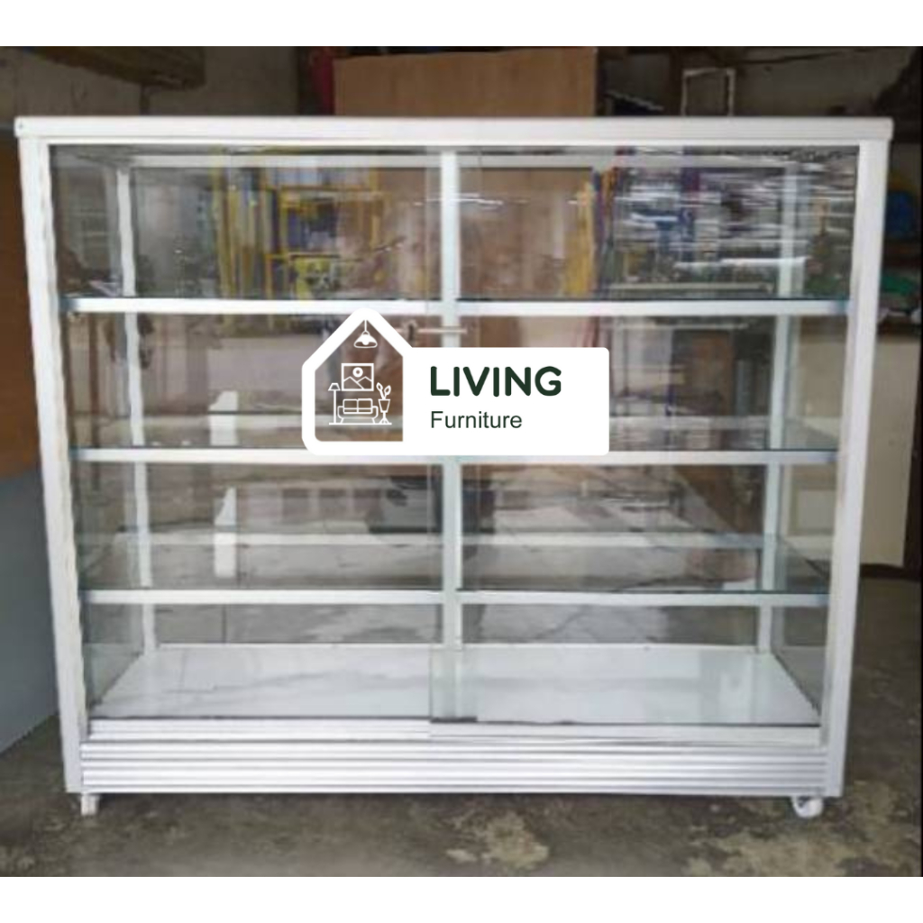 Etalase kaca 1.2 meter / etalsae kaca alumunium minimalis / etalase kaca pakai roda / etalase toko