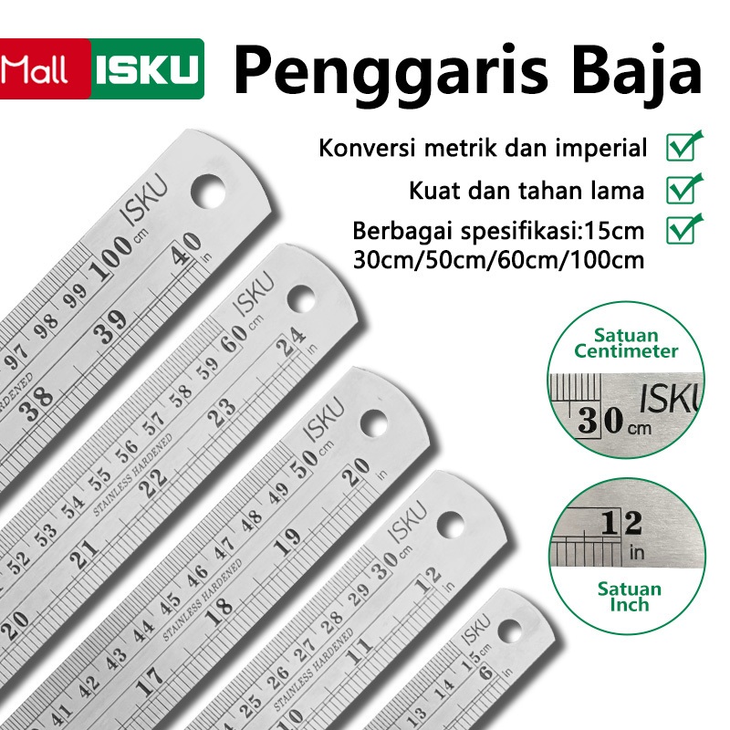 

ISKU Penggaris Besi 15/30/50/60/100cm Stainless Steel Ruler