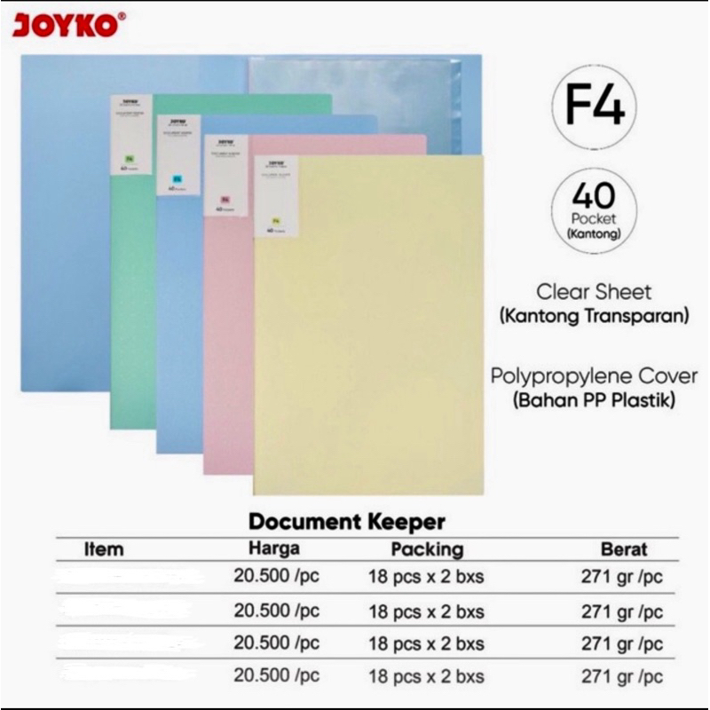 

Document Keeper Folio 40 / Clear Holder / Map Kantong DK-40 F4 / Folder / Organizer Plastik warna Pastel ukuran F4 40 pocket Joyko
