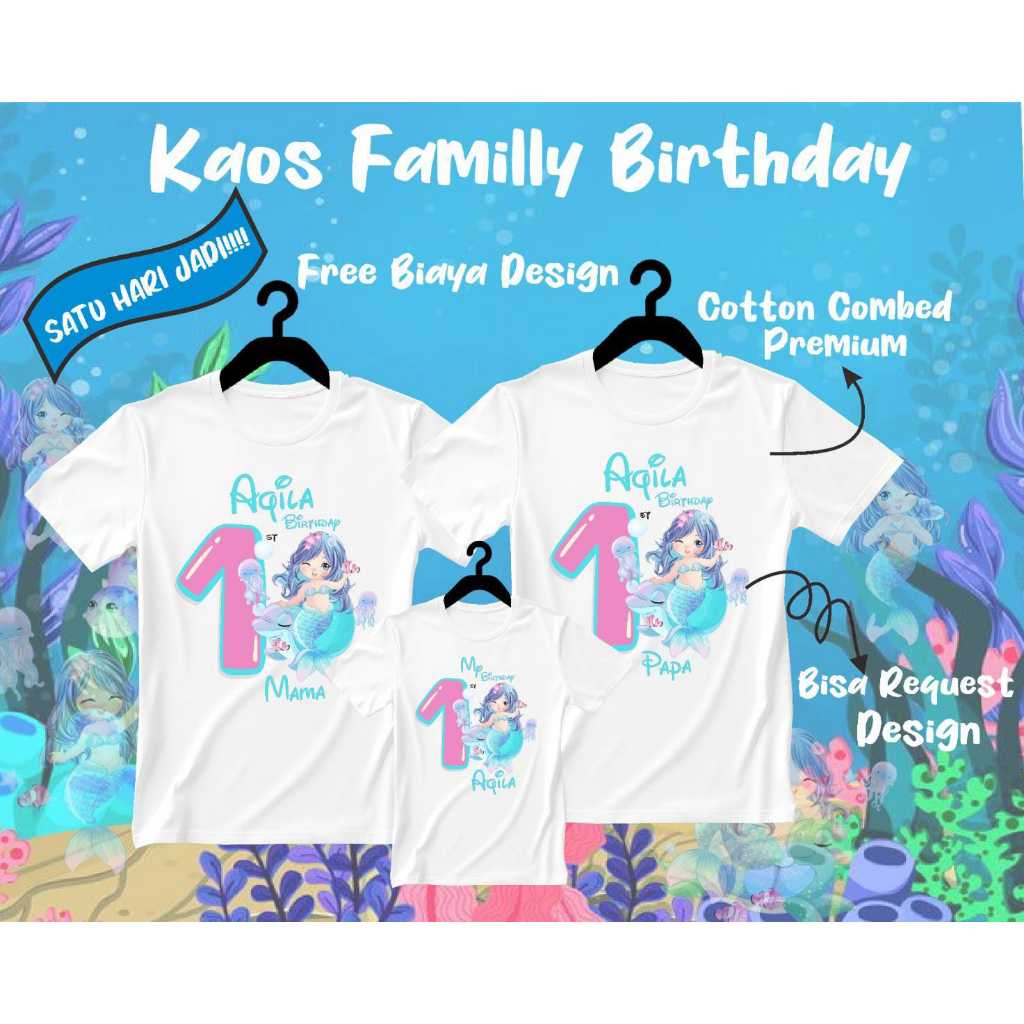 CUSTOM KAOS COUPLE FAMILY BIRTHDAY MERMAID/KAOS ULANG TAHUN/KAOS CUSTOM ULANG TAHUN/KAOS COUPLE ANAK